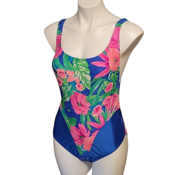 Vintage Seal Beach Unique Design Swimsuit Fits Medium Blue Tropical One Piece - Picture 4 of 7